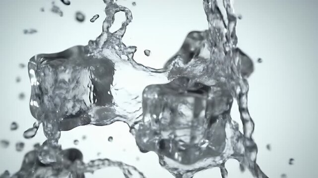 Close-up of a gloved metallic hand gripping a jagged ice block in a cool studio setting