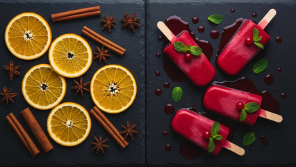 Fresh Citrus Slices Cinnamon Sticks Star Anise and Red Berry Popsicles on Dark Slate Background
