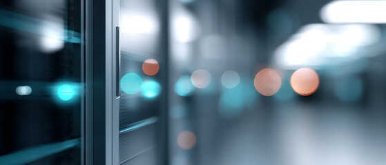 Close-up view of server racks in a modern data center with blurred colorful bokeh lights in the background