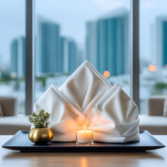 Fototapeta premium White Napkin Folded Artfully on a Dark Tray with a Small Green Plant and a Lit Candle in a Glass Holder Against a Blurred Cityscape View Through Large Windows