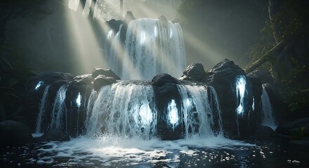 A breathtaking enchanted waterfall descends into a serene jungle, illuminated by divine sunbeams and mystical glowing elements in the shimmering water, creating a magical and vibrant natural landscape