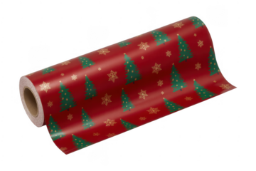 Red Christmas wrapping paper with trees and snowflakes isolated on a transparent background