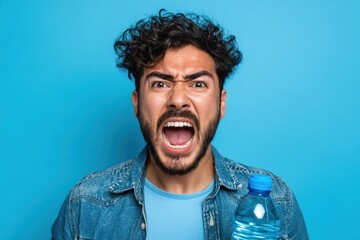 Fototapeta premium Angry young Hispanic man aggressively yelling with a water bottle idea