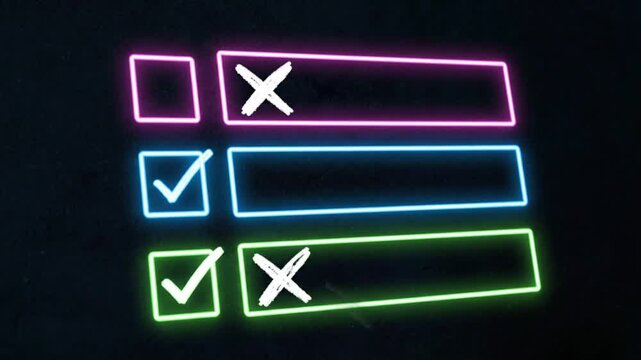 Neon checkboxes with checkmarks and crosses in vibrant colors on dark background for user interface design