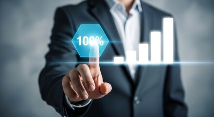 Businessman hand touching 100% success icon with growth chart