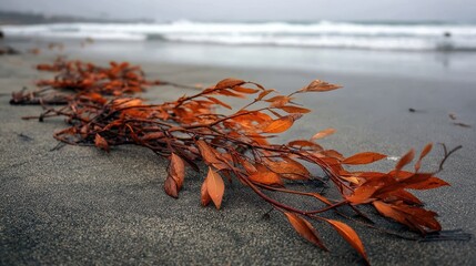 Beach strewn twigs with dried leaves