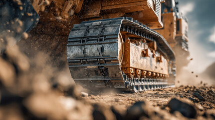 Heavy machinery metal tracks crushing dirt and rocks on a construction site on a dusty day with dynamic motion and dramatic lighting effects
