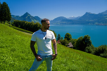 Travel lifestyle with strong man. Travel man masculine confidence. Travel lifestyle outdoor...