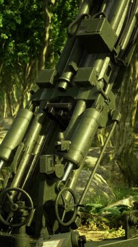 Forestcovered battleship remains, Remnant of war concealed beneath dense greenery, Military relic obscured by thick rainforest vegetation and sunlight