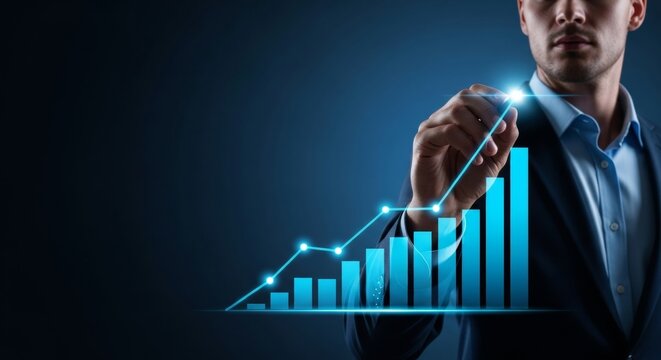 Businessman drawing virtual growth chart: success and data analysis concept - Powered by Adobe