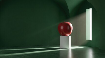 Surreal large red apple art sculpture on podium near window light beam