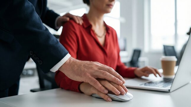 Workplace harassment: man's hands on woman's mouse and shoulder