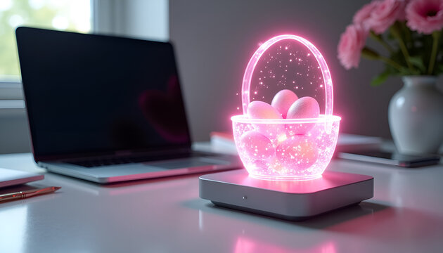 Glowing pink hologram of an Easter basket with eggs shining on a modern desk with laptop, neon futuristic style, digital technology services, creative design office, and holiday marketing campaigns. 