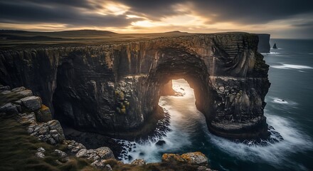 Majestic sea arch carved into dramatic cliffs at sunset, with waves crashing below, capturing the raw beauty of coastal landscapes