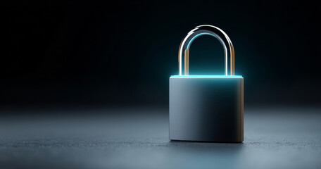 A padlock with a glowing blue lock is on the table in front of a black background