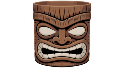 Tiki mask face on a mug cartoon brown isolated on a transparent background