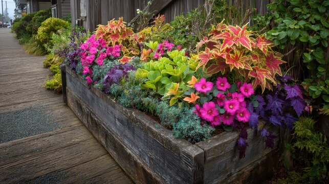 Cannon Beach Oregon USA Flower planter with coleus geraniums and asters