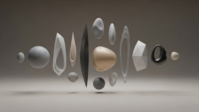 Horizontal Arrangement of Abstract Geometric Shapes Floating in Neutral Beige Space