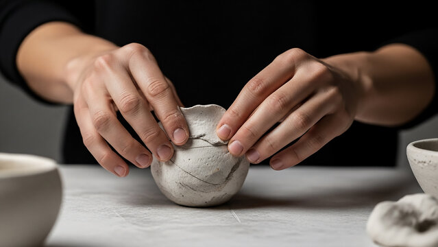 Close Up of Artisan Hands Repairing Cracked Grey Ceramic Vessel in Pottery Studio