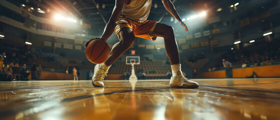 Professional basketball player dribbling ball on indoor court under bright arena lights. Dynamic sports action scene showing strength, focus, competition and high intensity athletic performance.