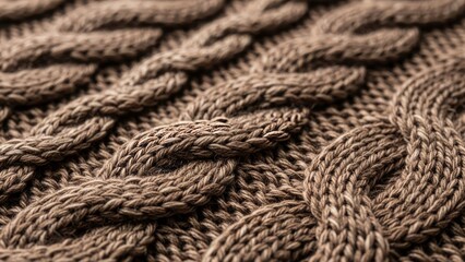 Close-up view of intricately knitted fabric showcasing cable knit pattern and texture on a soft brown woolen sweater