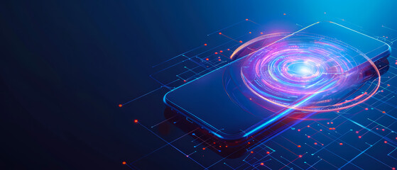 Futuristic smartphone displaying a glowing holographic interface ring above the screen, surrounded by digital circuits and neon elements, symbolizing advanced technology, connectivity and innovation.