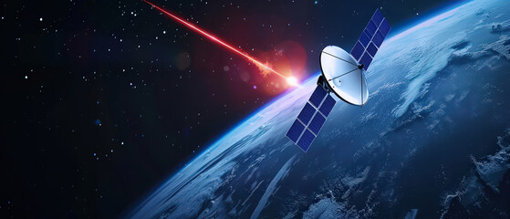 High-tech satellite orbiting Earth with illuminated solar panels and cosmic background, showing advanced space communication, global connection, and futuristic orbital technology.