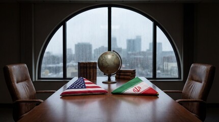 Folded flags of the United States and Iran on a wooden conference table in a boardroom with a globe, representing international diplomacy and bilateral relations