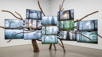 Multiple screens displaying serene nature scenes mounted on wooden branches in a contemporary art gallery