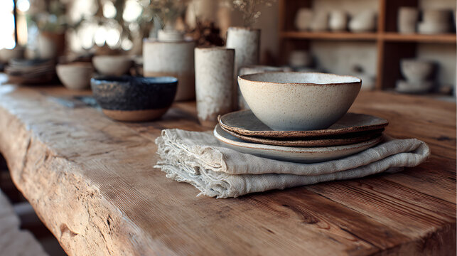 Dining room decor detail, natural wood table surface, ceramic tableware, linen textiles, warm minimal aesthetic, Scandinavian contemporary interior