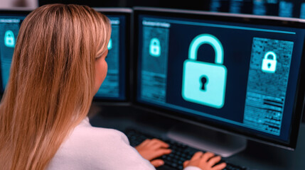 Woman in office monitoring multiple screens with cybersecurity lock icons