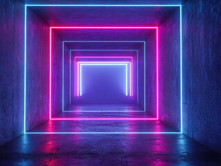 Futuristic glowing neon tunnel with vivid pink and blue illuminated geometric frames creating an immersive digital corridor effect in a dark space