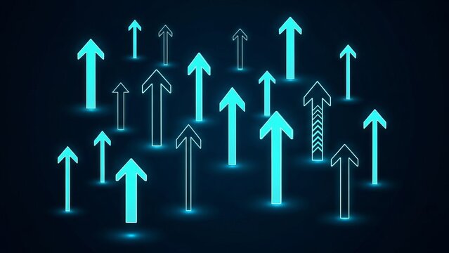 Multiple glowing blue arrows pointing upwards in various styles on a dark background viewed from a straightforward perspective