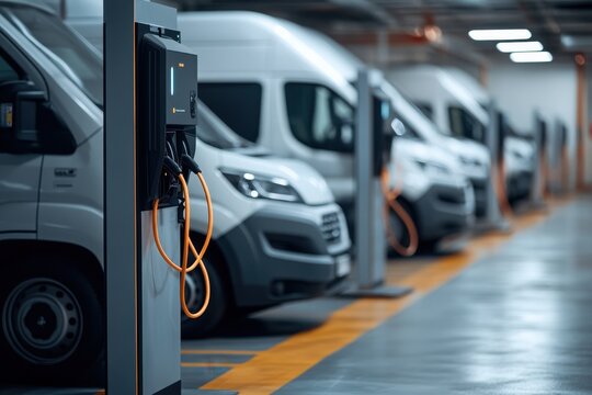 Close up of modern electric delivery vans charging in company garage