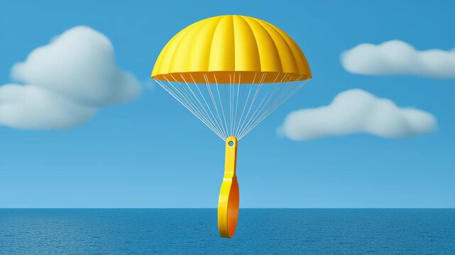 Yellow parachute descending over tranquil ocean waters with fluffy clouds in the background showcasing a playful design and vibrant colors in a whimsical animated scene