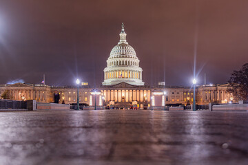 Night view of the Washington Capitol building. Washington DC landmark at night. Historic Washington...