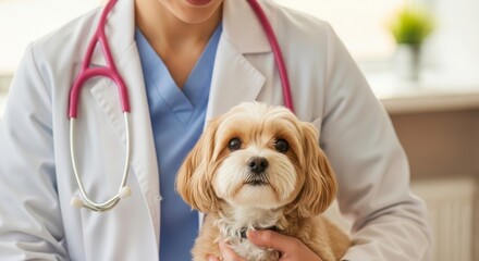 Veterinarian holding cute dog for health checkup at clinic