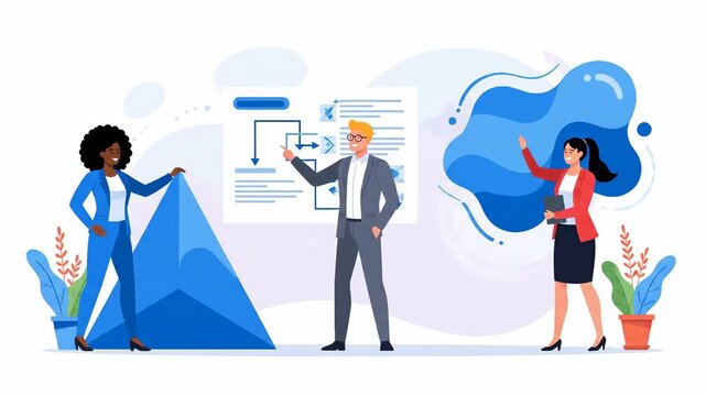 Flat vector illustration of a diverse business team brainstorming in a modern office setting. Colleagues communicate with abstract shapes on white background for creative projects.