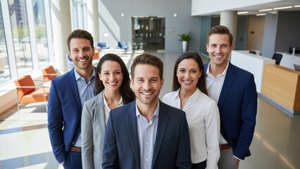 Group of business professionals standing together in a modern office lobby with a reception desk and waiting area in the background
