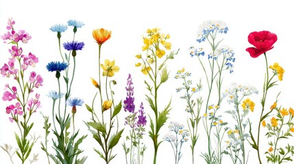 Collection of blooming wildflowers on a white backdrop