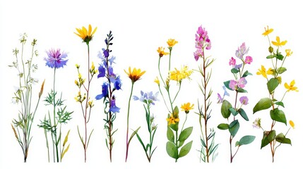 Collection of blooming wildflowers on a white backdrop