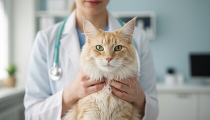 Veterinarian cradling fluffy orange cat with green eyes