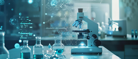 High-tech laboratory setup with microscope, glassware and digital molecular interface overlays, illustrating modern scientific research, biotechnology and innovative medical analysis.