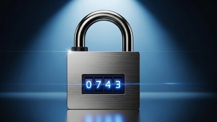 A silver padlock with a digital display showing 0743 stands illuminated on a reflective surface under a spotlight in a dark environment from a straight viewpoint