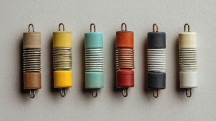 Colored banded electronic resistors on a neutral backdrop