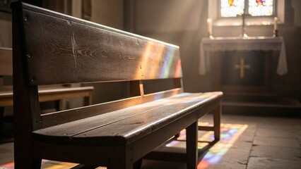 A wooden church pew in a minimalist interior, illuminated by sunlight, and a colorful stained glass window.