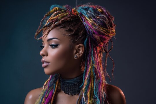 Colorful braided hairstyle for women with thin plaits and afrobraids