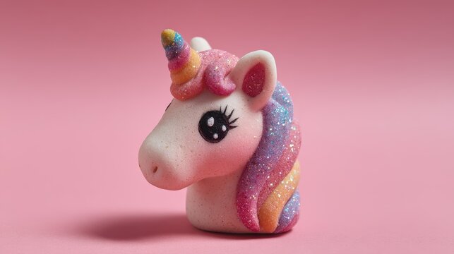 Colorful clay unicorn head against a pink backdrop