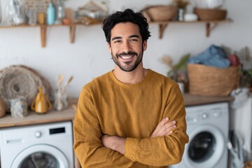 Confident young Hispanic man smiling while ironing clothes in the laundry