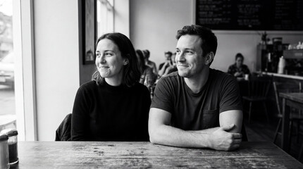 A man and a woman sit side-by-side at a wooden table in a sunlit cafe. They both gaze happily toward a window, lost in thought with other patrons faintly visible in the background.